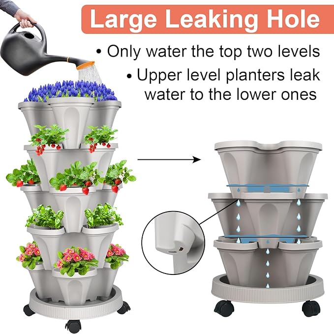 GameXcel Vertical Planter 7 Tier Stackable Planters Garden Planters Strawberry Herb Flower and Vegetable Planter Indoor Outdoor Gardening Pots with Removable Wheels and Tools 2-Pack