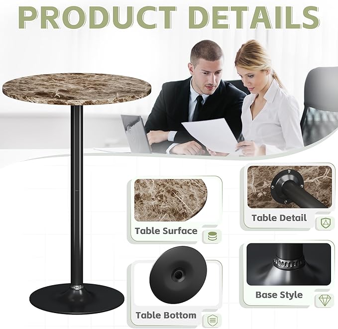 Flamaker Round Bistro Pub Table Modern Style Metal Base MDF Top Cocktail Bar Table Counter Bar Height for Pub, Dining Room, Party (1, Marble-Black)