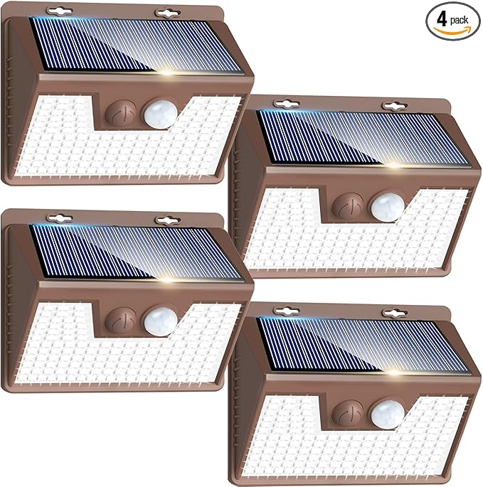 Peasur Brown Solar Lights Outdoor Waterproof, 4Pack 140LED Solar Powered Motion Sensor Lights, 3 Modes Solar Security Wall Lights for Fence Garden Yard Outside Cool White