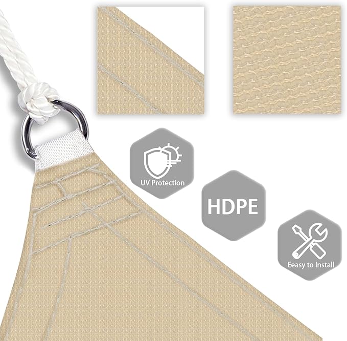 Patio Paradise 23' x 23' x 23' Sun Shade Sail Triangle Canopy Shade Cloth Fabric Sunlight Block Patio Pergola Cover HDPE Deck Awning for Outdoor Backyard Roof Shading, Sand