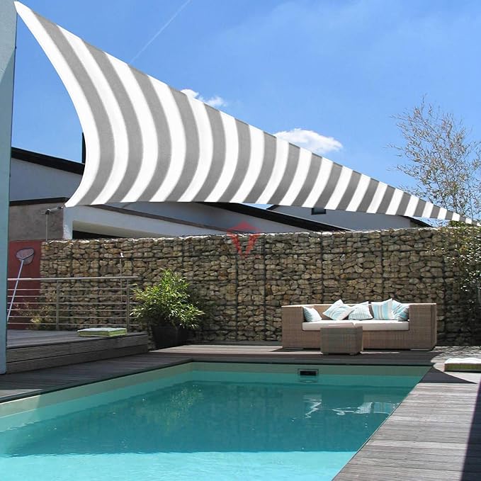 Patio Paradise 28' x 28' x 28' Sun Shade Sail Triangle Canopy Shade Cloth Fabric Sunlight Block Patio Pergola Cover HDPE Deck Awning for Outdoor Backyard Roof Shading, Gray White Strip