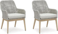 Signature Design by Ashley Seton Creek Cottage Nuvella Weather Resistant Fabric Outdoor Dining Arm Chair with Cushion, Set of 2, Light Brown & Light Gray