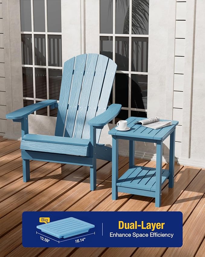 YEFU Outdoor Side Table for Patio: 16" HIPS Weather - Resistant Adirondack Tables - Waterproof Small Square End Tables for Backyard Pool Porch Balcony - Indoor Outdoor Double Layer Table Blue