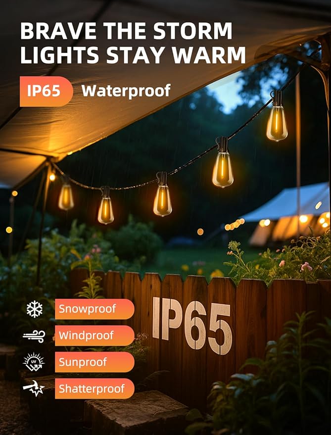 Outdoor Patio String Lights: 50Ft 15M Outside Waterproof Light - Remote Dimmable ST38 Shatterproof Bulb Connectable Hanging Outdoor Electric Lighting - Backyard Yard Gazebo Porch Party