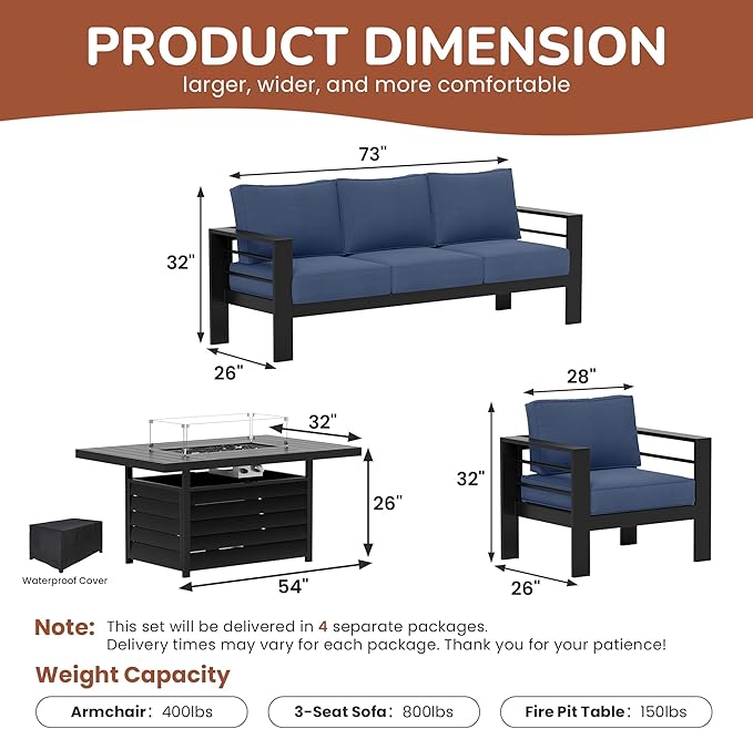 Solaste Aluminum Patio Furniture Set with Fire Pit Table, 4 Piece Metal Outdoor Furniture with Water-Resistant Cushions, Modern Patio Conversation Set for Balcony, Front Porch, and Backyard,Blue