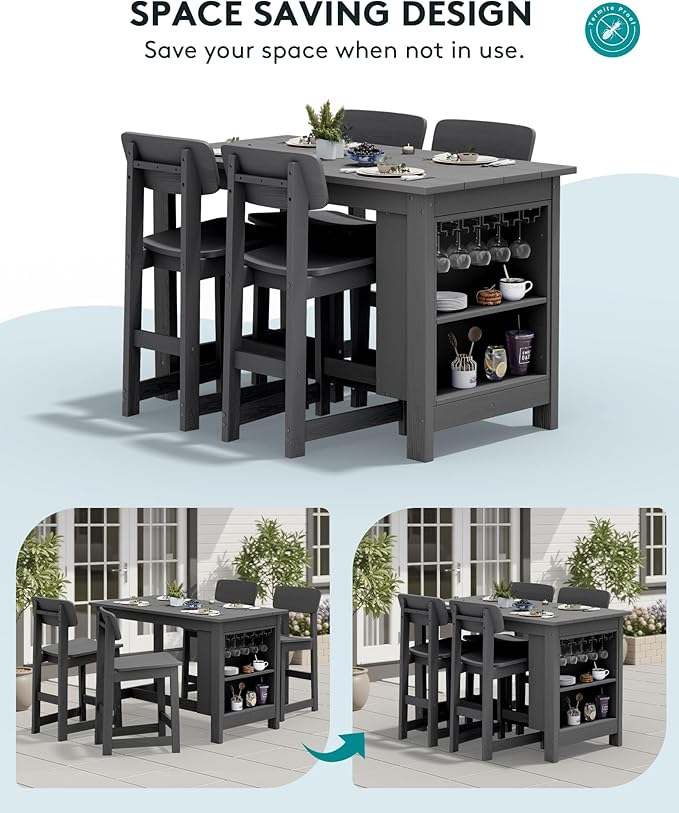 SERWALL 3-Piece Outdoor Counter Height Bar Set, HDPE Patio Bar Table with Wine Rack & Storage Shelf, 2 All-Weather Bar Stools, Patio Bar Dining Furniture Set for 3, Grey