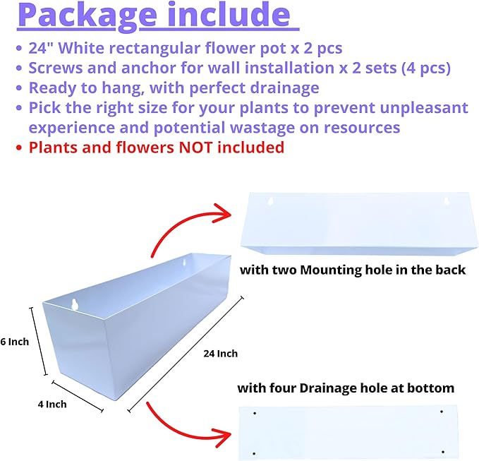 LaLaGreen Wall Planter (24 Inch, 2 Pack) Carbon Steel White Metal Hanging Flower Pot for Succulents, Wall Mount Rectangular Window Sill Box Fence Floating Garden Shelf for Deck Indoor Outdoor Decor
