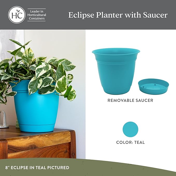 The HC Companies 6 Inch Eclipse Round Planter Pots with Drainage Holes & Attached Saucer, Lightweight UV-Resistant Plastic Indoor & Outdoor Planters, 4-Pack Flower Pots for Garden & Home Decor, Teal