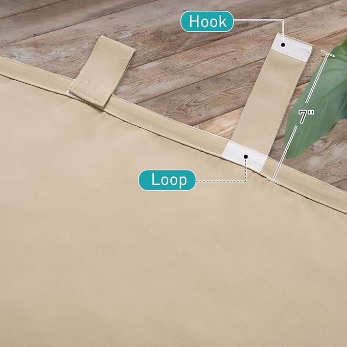 NICETOWN 2 Panels Detachable Sticky Tab Top Thick Outdoor Curtains for Patio Waterproof, W52 x L108, Triple Weave Sun Block Wind Prevention, Thick Enough Protect You from Sun/Rain, Biscotti Beige