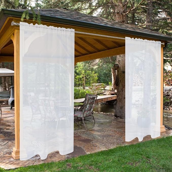 SpaceDresser Waterproof Outdoor Sheer Curtains for Patio - 4 Panels Rod Pocket Indoor Voile Sheer Curtain for Living Room,52W x 96L inch, White
