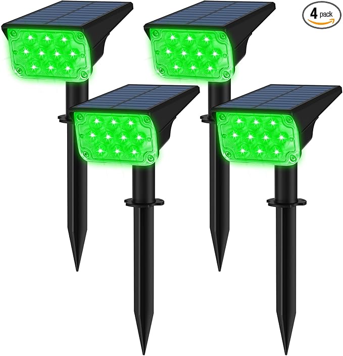 T-SUNUS Green Solar Spot Lights Outdoor 4 Pack, IP65 Waterproof Landscape Spotlights 2 Modes Dusk to Dawn for St Patricks Day Halloween Christmas Tree Pond Patio Garage Statue Graveyard Garden Flag