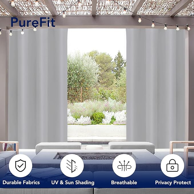 PureFit Outdoor Curtains for Patio Waterproof Weatherproof, UV Resistant Outside Curtains for Gazebo, Front Porch, Pergola, Sun Blocking Privacy Curtain, 52W x 95L inch, 1 Panel, Light Gray