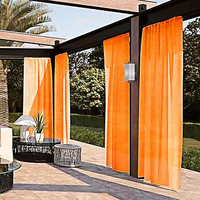 SpaceDresser Waterproof Outdoor Sheer Curtains for Patio - 2 Panels Rod Pocket Indoor Voile Sheer Curtain for Living Room,52W x 84L inch, Orange