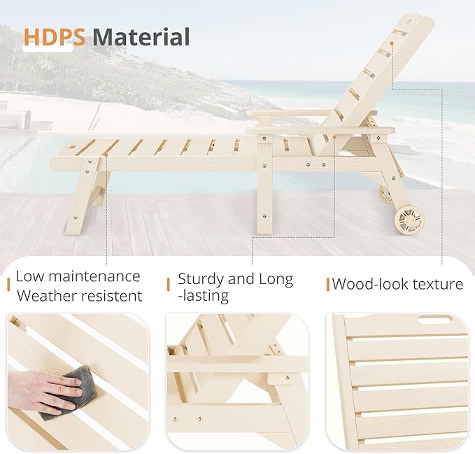 LUE BONA Chaise Lounge Chairs Set with Table, 3-Piece, 79'' Oversized HDPS Material, 5 Positions Adjustable Patio Lounge Chairs, Pool Lounge Chair with Wheels for Poolside, 3-Year Warranty, Sand