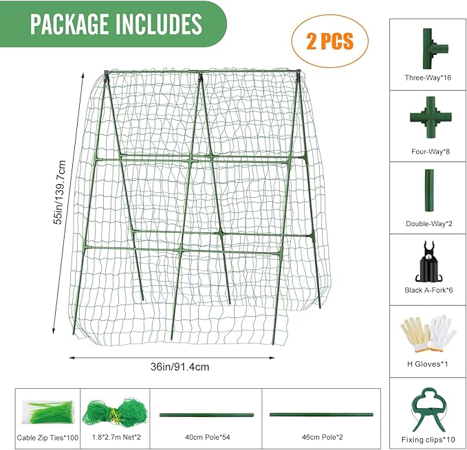 55" H x 36" W Cucumber Trellis for Raised Bed Garden, Cucumber Trelli for Climbing Plants Outdoor，A-Frame Vegetable Grow Supports, Tomato Plant Support for Tomato Squash Zucchini (1PC)