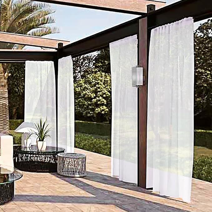 SpaceDresser Waterproof Outdoor Sheer Curtains for Patio - 4 Panels Rod Pocket Indoor Voile Sheer Curtain for Living Room,52W x 96L inch, White