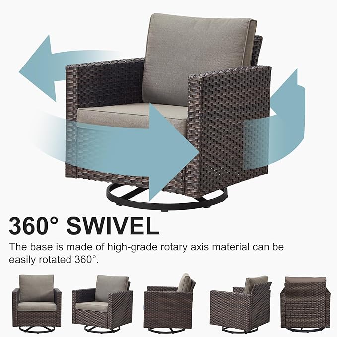 Belord Outdoor Bistro Set 3 Piece Wicker Swivel Rocker Patio Chairs, Oversize Outdoor Rattan Seating Set, Patio Swivel Glider Chairs Wicker Furniture with Metal Side Table for Porch Backyard, Brown