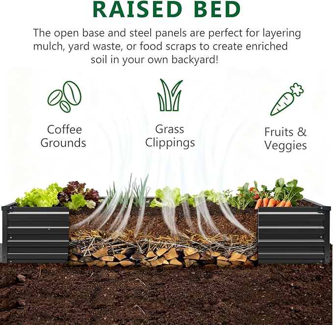 2 Pack 6x3x1FT Galvanized Raised Garden Bed Kit, Outdoor Metal Planter Box for Vegetables, Bottomless Rectangular Gardening Bed with Support Rods, Tool-Free Assembly, Black