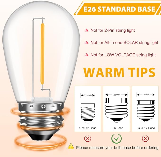 48 Pack LED S14 Replacement Light Bulbs, Shatterproof Outdoor 1 Watt to Replace 11Watts String Incandescent Bulb, Dimmable, E26 Regular Medium Screw Base, 2200K Warm White