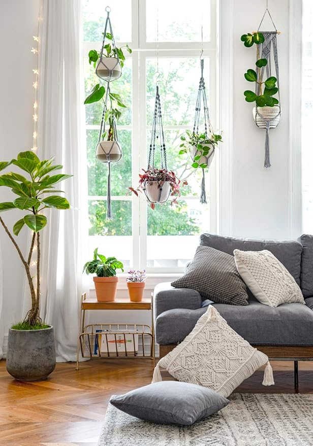 Mkono Macrame Plant Hangers Indoor Outdoor Hanging Planter Basket Cotton Rope 4 Legs 41 Inch, 2 Pack, Grey