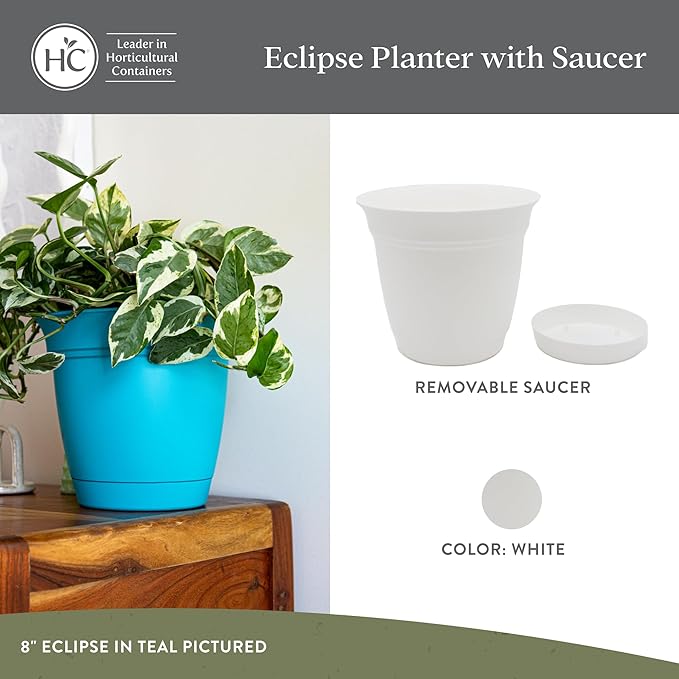The HC Companies 10 Inch Eclipse Round Planter Pots with Drainage Holes & Attached Saucer, Lightweight UV-Resistant Plastic Indoor & Outdoor Planters, 2-Pack Flower Pots for Garden & Home Decor, White