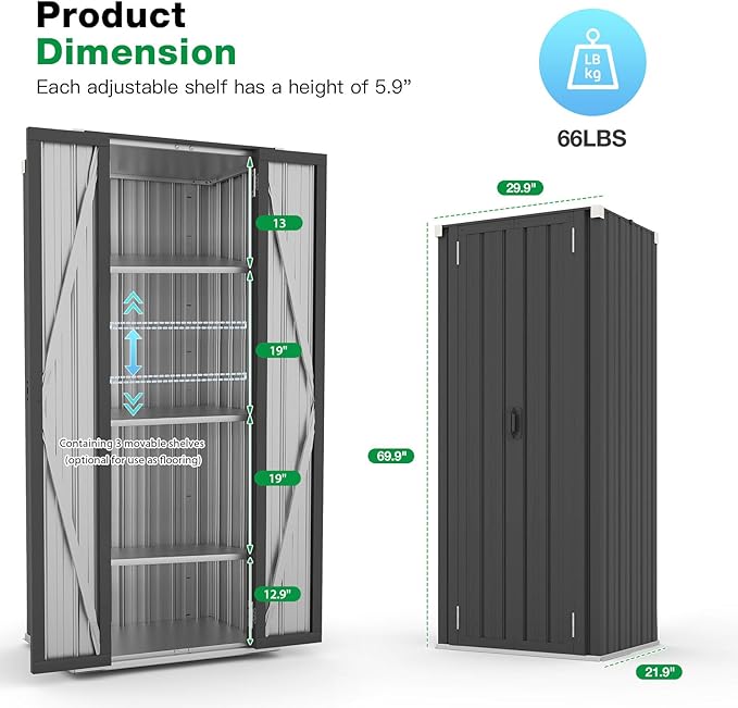 AECOJOY Outdoor Storage Cabinet, Outdoor Cabinets Waterproof with Shelves, Vertical Tall Garden Outdoor Cabinet, Sheds & Outdoor Storage Clearance Cabinet Weatherproof for Outside in Dark Grey