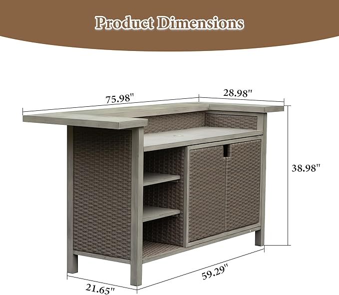 Domi Patio Bar Table, Outdoor Aluminum PE Wicker Bar Cart with Cabinet, All Weather Use Storage Patio Cabinet for Patio Kitchen or Bar Cart, Wood Grain