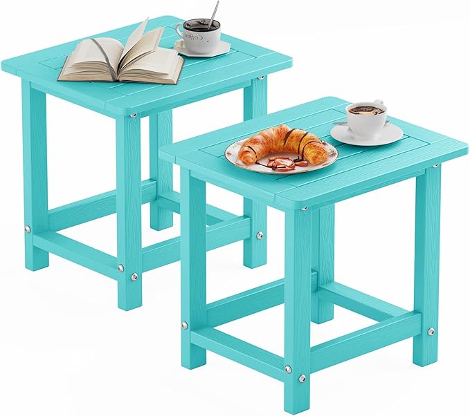 YEFU Outdoor Side Table for Patio: 16" HIPS Weather - Resistant Adirondack Tables Set of 2 - Small Square End Table for Backyard Living Room Bedroom - Indoor Outdoor Durable Table Aruba