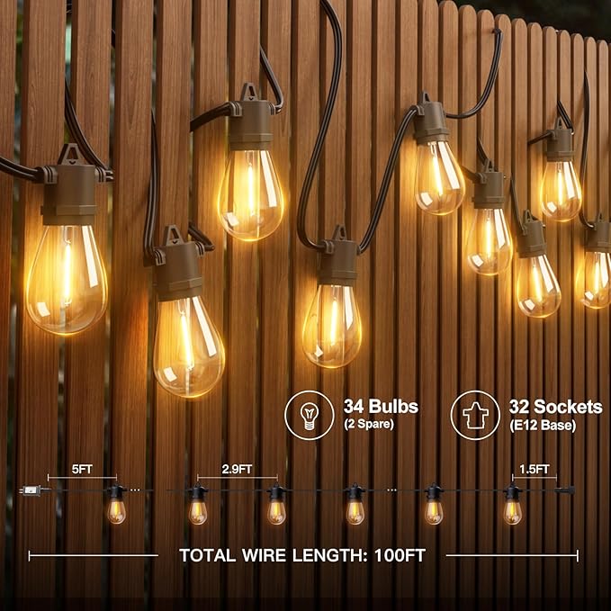 addlon 100FT LED Outdoor String Lights with Edison Shatterproof Bulbs, Heavy-Duty and Weatherproof Strand, Commercial Grade Patio Lights, Decorative for Garden or Patio, Black