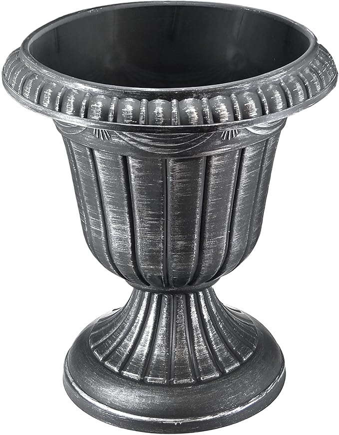 Arcadia Garden Products PL20SL Classic Traditional Plastic Urn Planter Indoor/Outdoor, 10" x 12", Brushed Silver