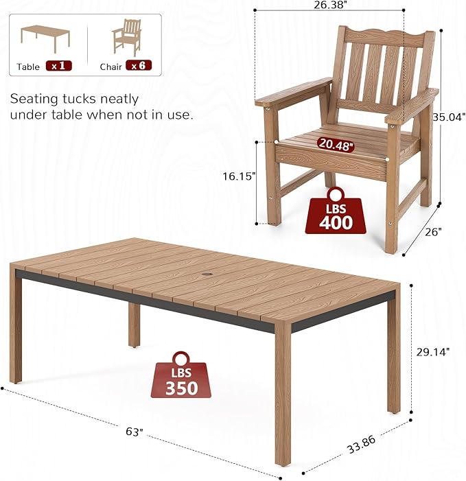 Stoog 63" All-Weather Patio Dining Table, HIPS Waterproof Tabletop with Cross-Braced Aluminum Frame & Umbrella Hole, Fade & Rot Resistant, for Backyard, Garden, Deck, Teak