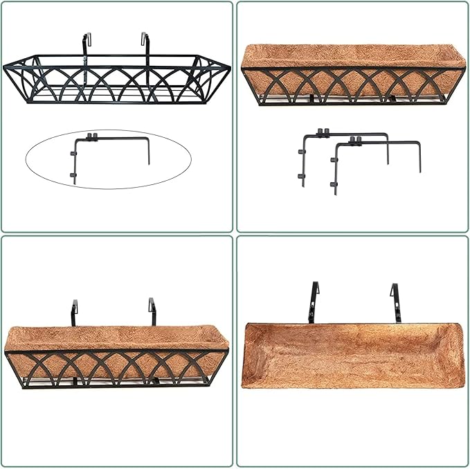 HFHOME 2 Pcs 30" Window Box Deck Railing Planter with Horse Trough Coco Liners, Black Metal Hanging Flower Planters Baskets for Indoor, Outdoor, Balcony, Porch, Fence, Patio, and Lawn