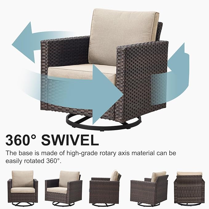 Belord 7 Piece Outdoor Furniture Patio Wicker Sofa Set, Oversize Outdoor Swivel Rocker Chairs with Rattan Ottomans, Conversation Sets Patio Furniture Come with Removable Washable Cushion Beige, Brown