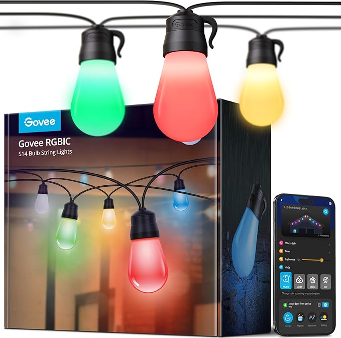 Govee Smart Outdoor String Lights H7029, 24ft RGBIC Outdoor Lights with 8 Dimmable LED Bulbs, IP65 Waterproof, Color Changing Warm White Lights with 47 Scene Modes for Patio, Backyard, App Control