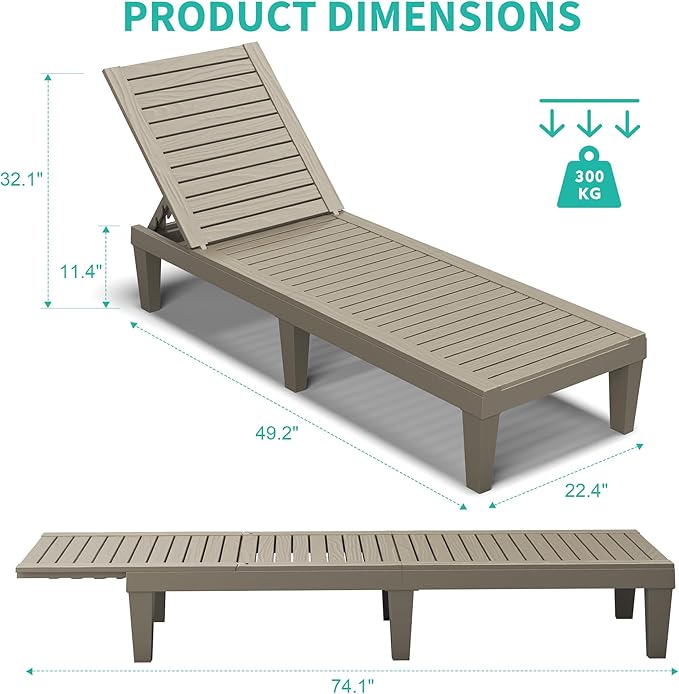 NUNU LAB Outdoor Chaise Lounge Chair Set of 3（2 of Chair and 1 of Side Table）,Waterproof Patio Lawn Chairs Lounge Outside,5-Positions Adjustable Pool Lounge Chair for Garden Beach Poolside,Grey