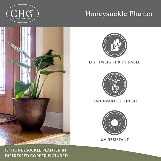 Classic Home and Garden Honeysuckle Resin Planters - Lightweight Indoor & Outdoor Plant Pots - UV-Resistant Plastic Flower Pots - Pot Planters for Flowers & Herbs (15" Distressed Copper)