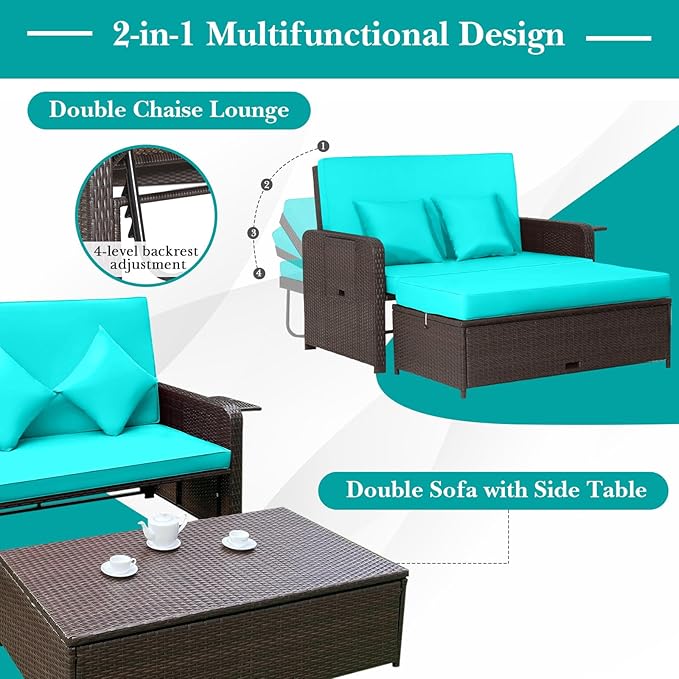 LDAILY Moccha Outdoor Daybed, Wicker Loveseat Sofa Set with 4-Postion Adjustable Backrest, Storage Ottoman, Cushions, Rattan Double Bed Lounger, Patio Furniture Set (Turquoise)