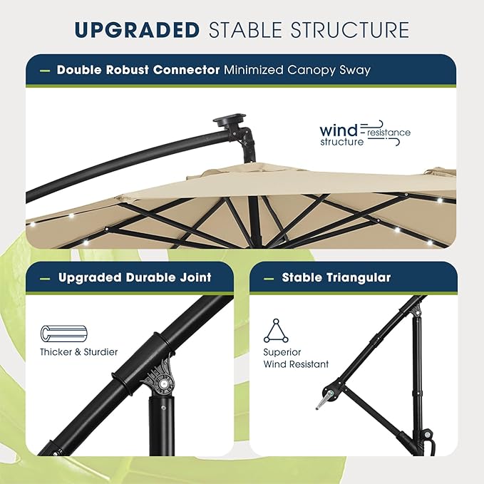 wikiwiki 10ft Solar LED Patio Umbrella with Base Included, Offset Umbrella with Weighted Sandbag Base, Cantilever Patio Umbrellas for Backyard, Garden & Deck, 32 LED Lights & Polyester Shade, Beige