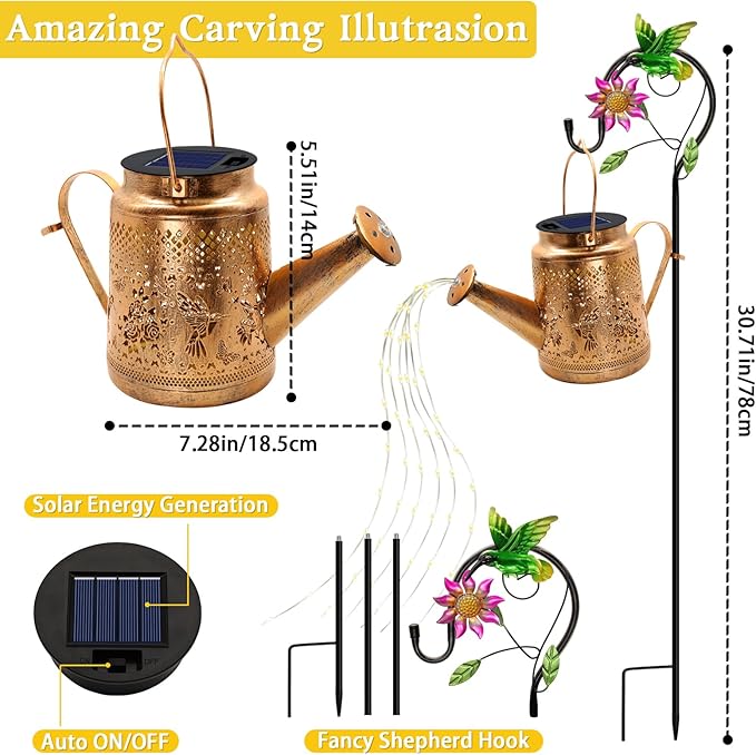 2 Pack Solar Lanterns Outdoor Waterproof,Hummingbird Watering Can Garden Decor,Hanging Solar Path Lights Yard Art,Outside Patio Decorations Gardening Christmas Gifts for Mom Grandma Women (with Hook)