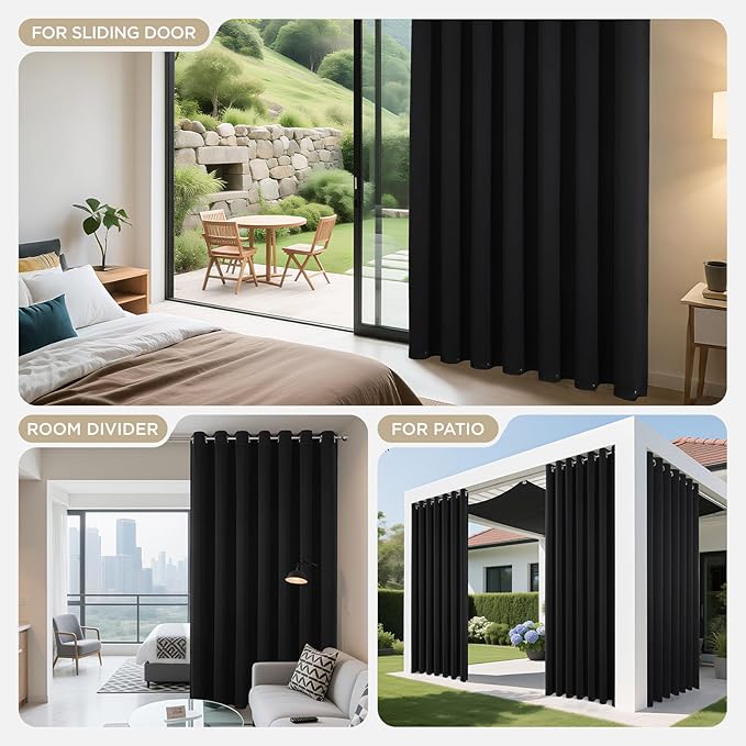 Joydeco Blackout Patio Sliding Door Curtains 90 Inches Long, Grommet Privacy Room Divider Curtains, Extra Wide Thermal Blackout Drapes for Bedroom Living Room (Black, 70Wx90L, 1 Panel)
