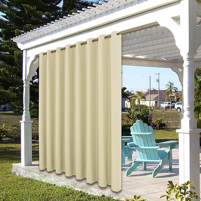 BONZER Extra Wide Waterproof Outdoor Curtains for Patio Heavy Privacy Light Filtering Grommet Outside Curtains for Porch, Pergola, Gazebo, 1 Panel, 150W x 84L inch, Cream