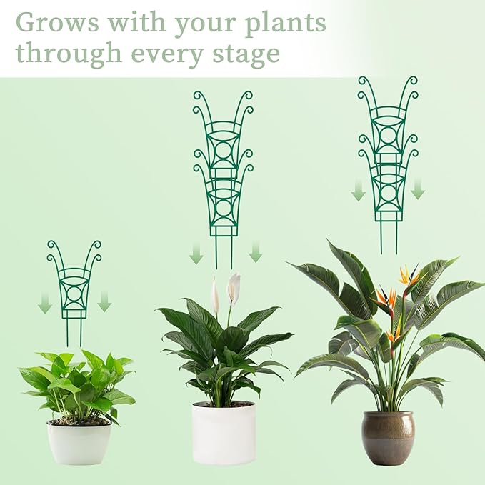12 Pack Stackable Plant Trellis for Potted Plants, Garden Trellis Supports Peas, Ivy & Flowering Vines, Plastic Climbing Plant Support (Green)