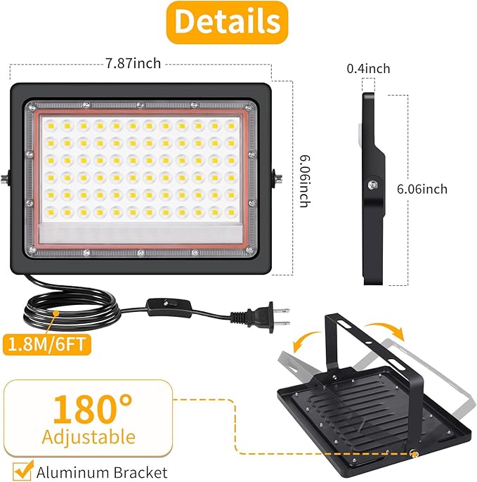 60W LED Flood Light Outdoor with 6ft Plug, 7200LM Brighter Exterior Security Lights, 5000K Daylight Floodlights, IP66 Waterproof for Yard, Garage, Workshop, Lawn, 2 Pack
