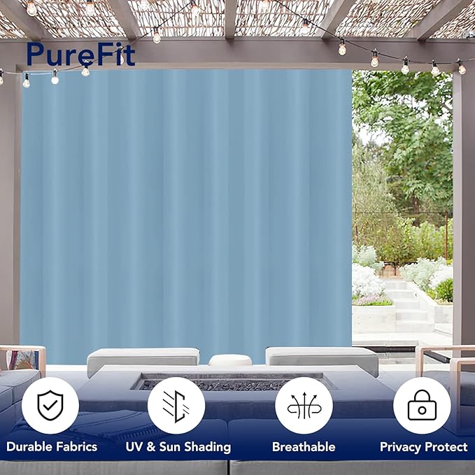 PureFit Outdoor Curtains for Patio Waterproof Weatherproof, UV Resistant Outside Curtains for Gazebo, Front Porch, Pergola, Sun Blocking Privacy Curtain, 120W x 108L inch, 1 Panel, Sky Blue