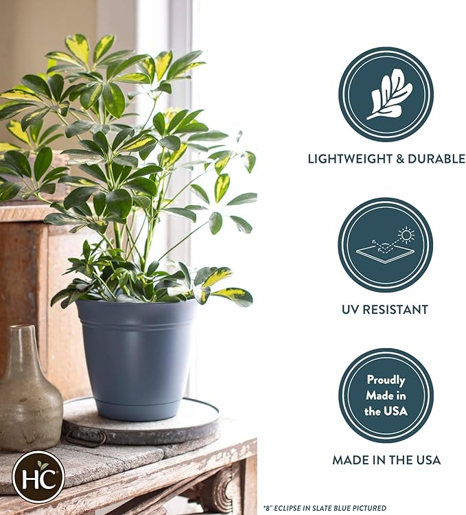 The HC Companies Eclipse Round Planter with Saucer - Outdoor & Indoor Plant Pot with Drainage Holes - Lightweight, UV-Resistant Plastic Pots for Plants, Flowers & Herbs (8" Cottage Stone, Pack of 1)