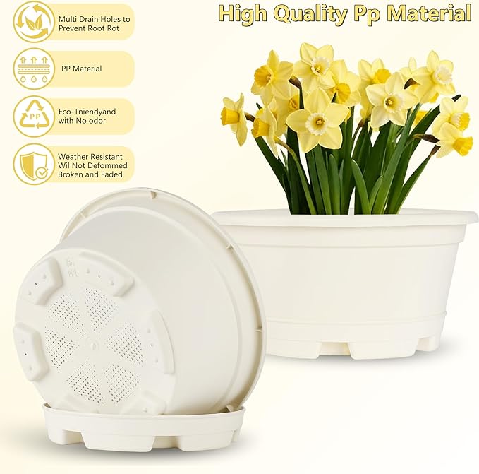 5 Pack 10.5 inch Plant Pots,Planter-Pots-for-Plants，Plastic Flower Pot for Indoor Outdoor Plants with Drainage Holes & Trays, Decorative Garden Containers Sets for Houseplants