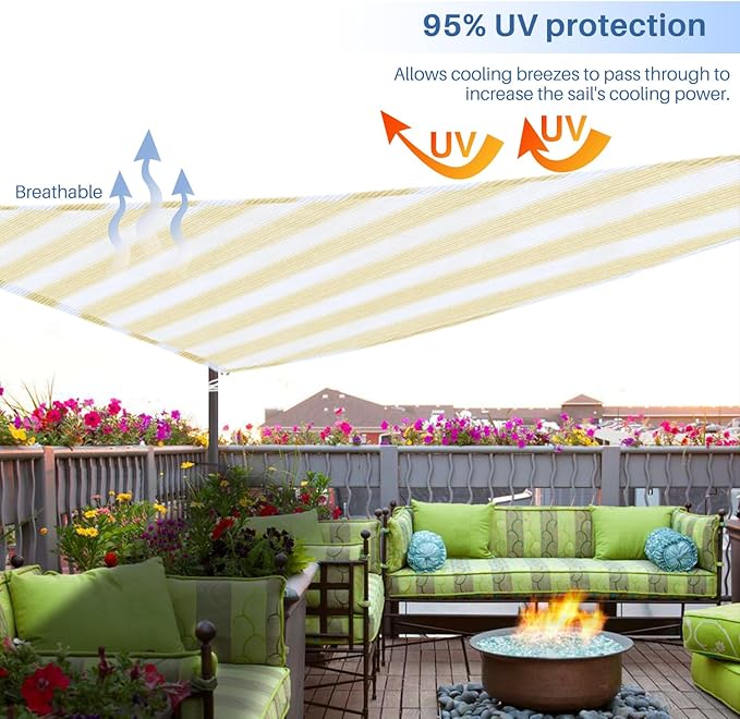 E&K Sunrise 17' x 17' x 17' Sun Shade Sail Triangle Canopy Shade Cover UV Block for Patio Backyard Garden Outdoor (Beige White Strip)
