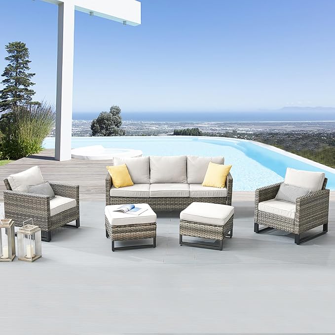 Belord Wicker Patio Furniture 5 Piece Outdoor Sofa Set, Oversize Outdoor Dining Chairs with Rattan Ottomans, Conversation Sets Patio Furniture Come with Removable Washable
