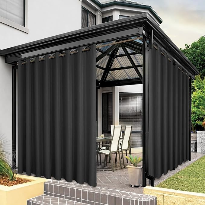 BONZER Wide Waterproof Outdoor Curtains for Patio Heavy Privacy Light Filtering Grommet Outside Curtains for Porch, Pergola, Gazebo, 1 Panel, 110W x 84L inch, Charcoal