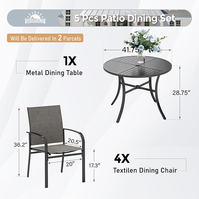 5 Piece Patio Dining Set for 4, 42" x 42" Round Metal Table with Umbrella Hole and 4 Brown Chairs, Outdoor Table and Chairs Set for Lawn Backyard and Deck